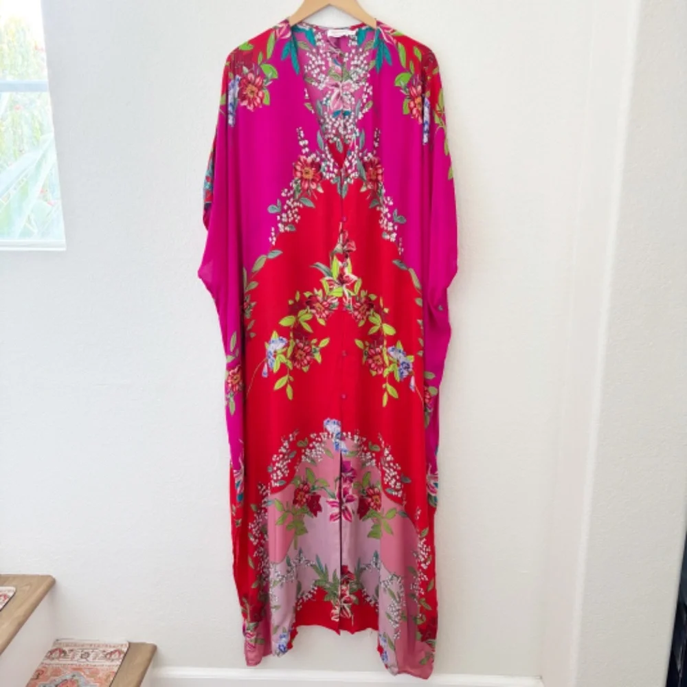Johnny Was Nanya V-Neck Oversized Floral Print Maxi Kaftan in Red Blush Sz L/XL - Picture 2 of 12
